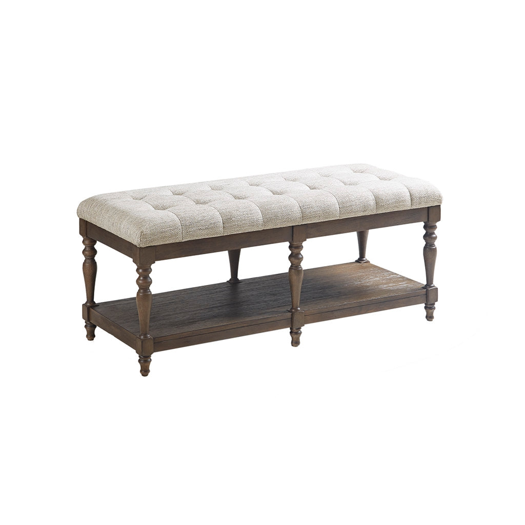 Terra Tufted Upholstered Accent Bench with Wood Shelf, Ivory