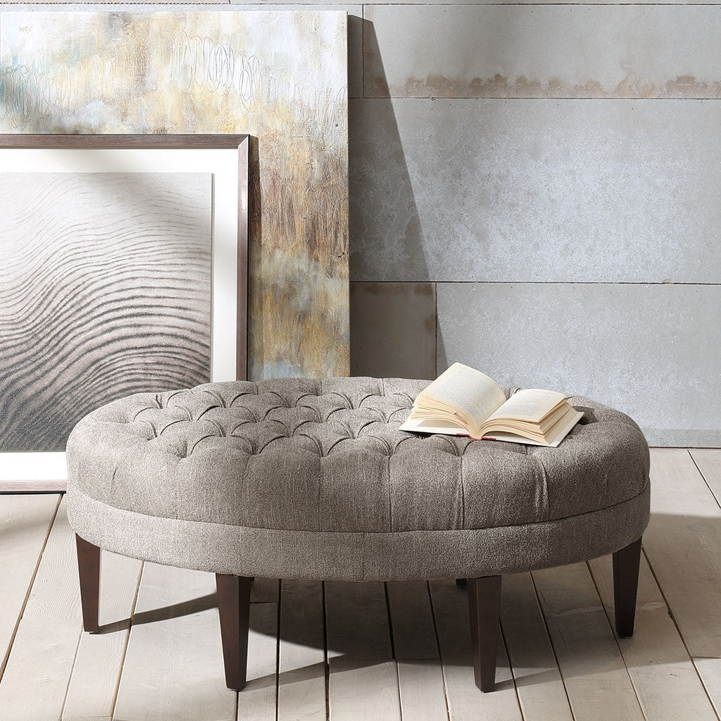 Oval Ottoman Button Tufted Bench, Light Brown