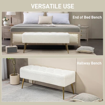 44" Lamb's Wool-Feel Upholstered Bench with Thick Padded Cushion and Steel Legs, Cream White