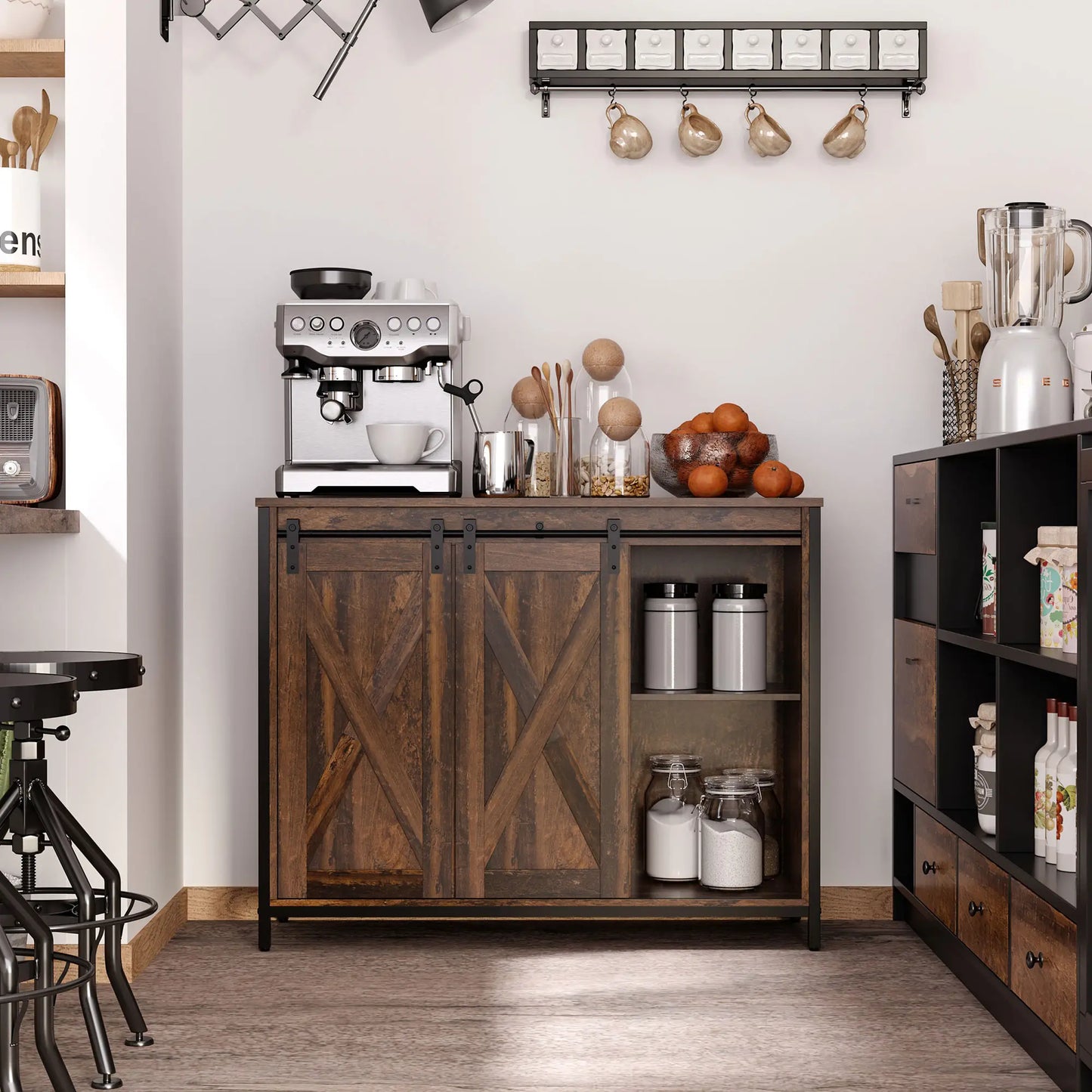 Industrial Buffet Cabinet, Kitchen Sideboard with Sliding Barn Doors, Three Drawers and Adjustable Shelves for Living Room, Dining Room, Rustic Brown