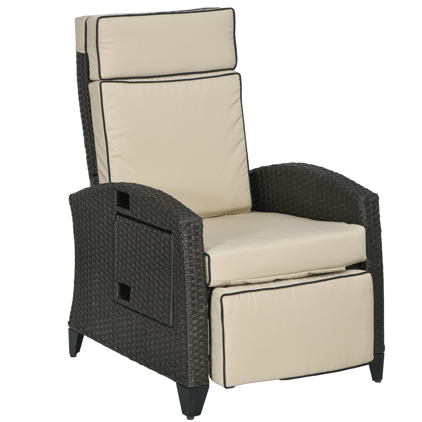 Outdoor Recliner Chair with Adjustable Backrest, Cushion, Side Tray, Khaki