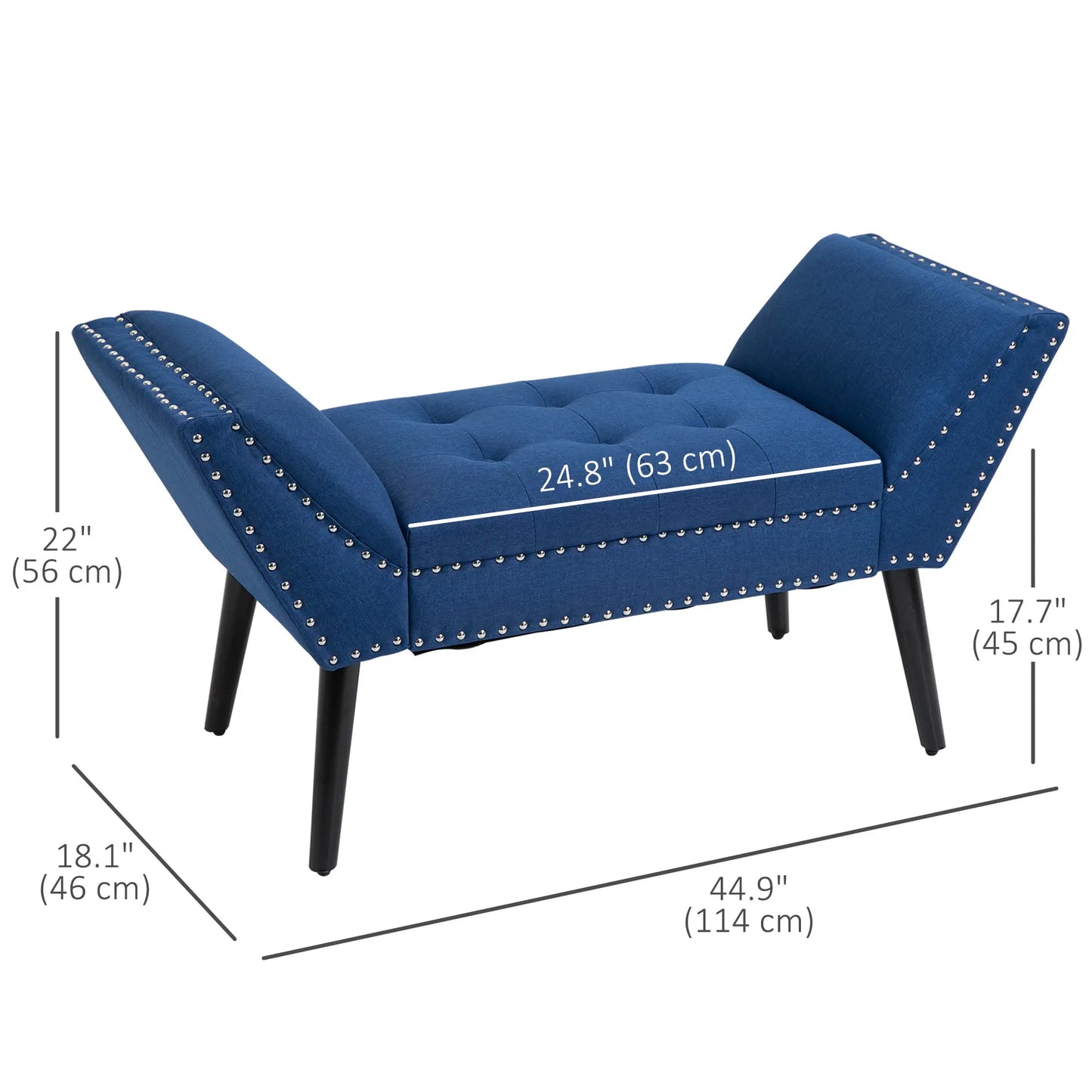 Modern Upholstered Bench with Arms and Nailhead Trim in Blue