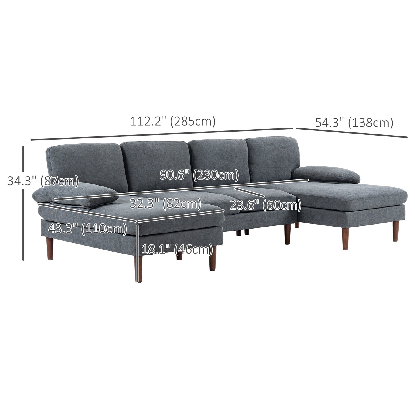 U Shape Couch with Double Chaise Lounge, Modern 4 Seater Sofa with Wooden Legs, Fabric Sofa for Living Room, Dark Grey