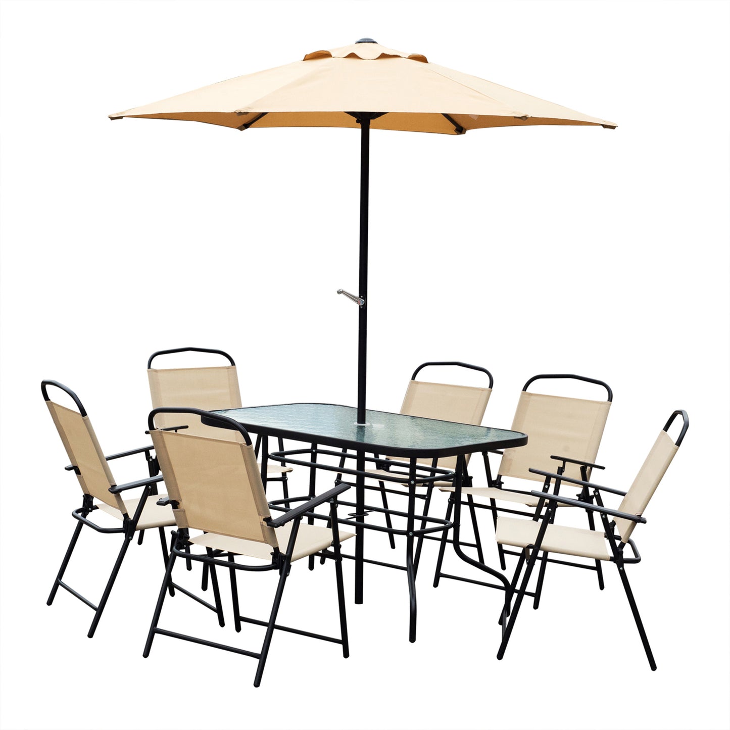 8pc Patio Garden Texteline Dining Set Outdoor Bistro Furniture 6 Folding Chairs with Table and Umbrella Beige