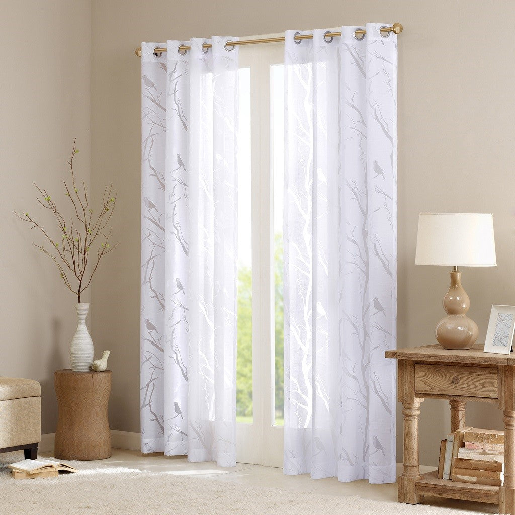 Devore Bird Sheer Window Curtain, White SET OF 2