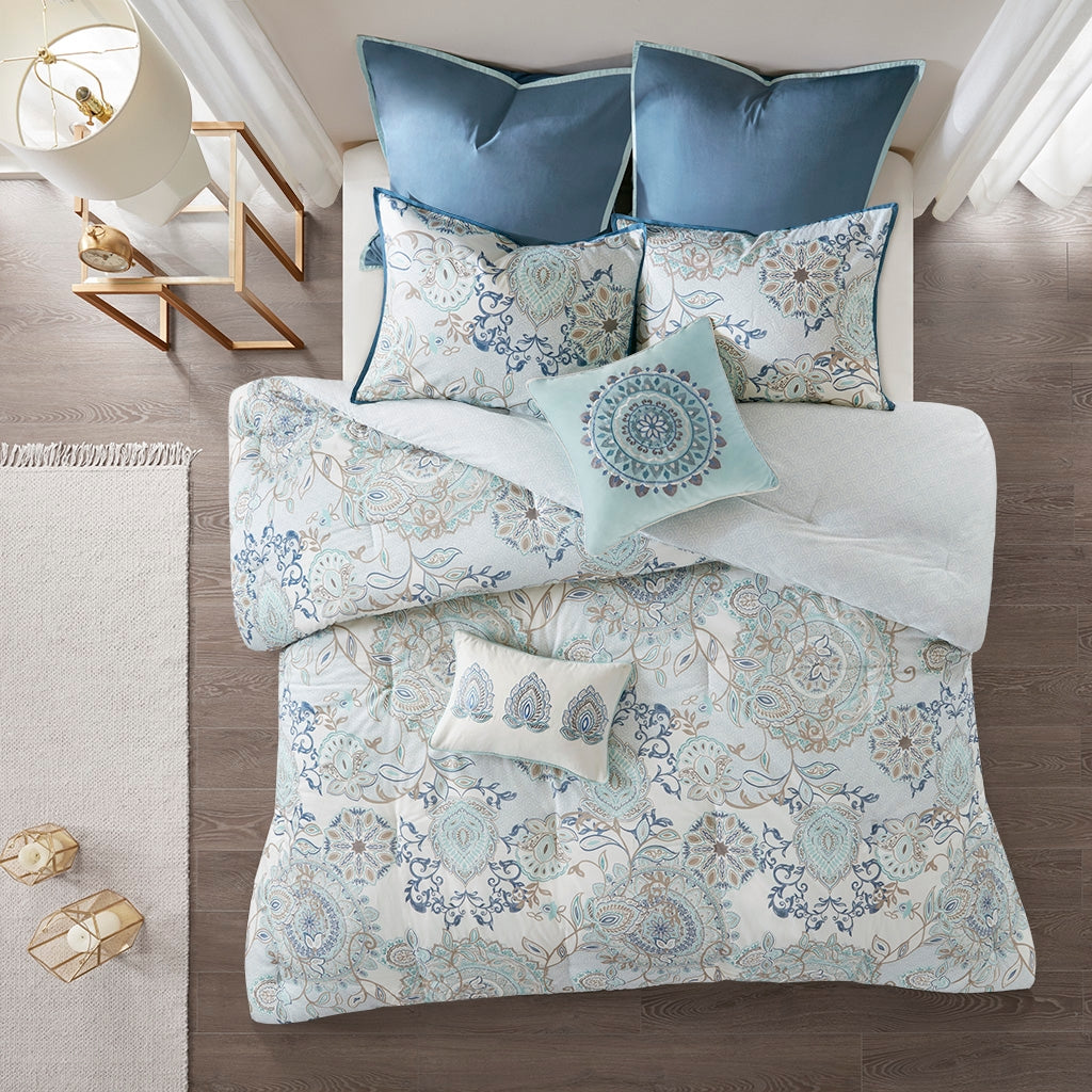 8 PC Boho Botanical Comforter/Duvet Cover Set, Blue