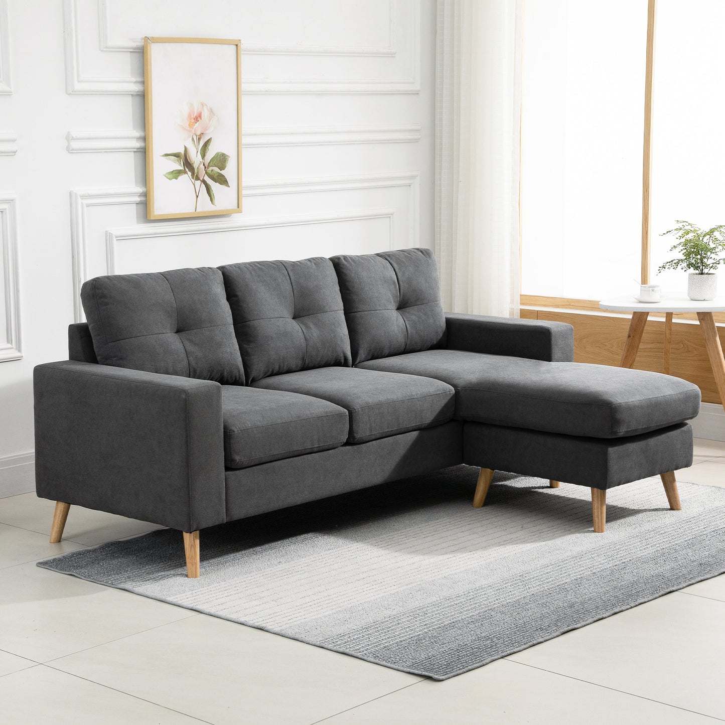 Sectional L Shaped Sofa Couch with Reversible Chaise, Wooden Legs. Great for small spaces, Living Room or Bedroom. In Dark Grey