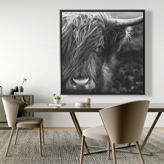 Monochrome Portrait Highland Cow Print On Canvas, 48"x48"