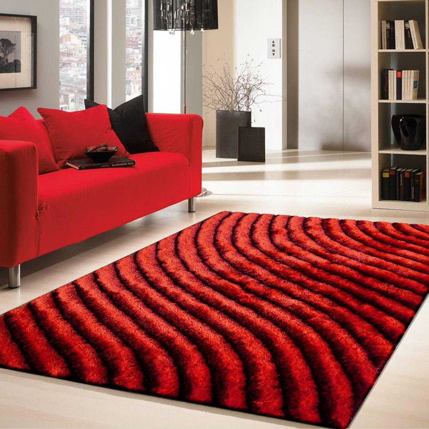 3D Shaggy Hand Tufted Area Rug - Black Red 8x11