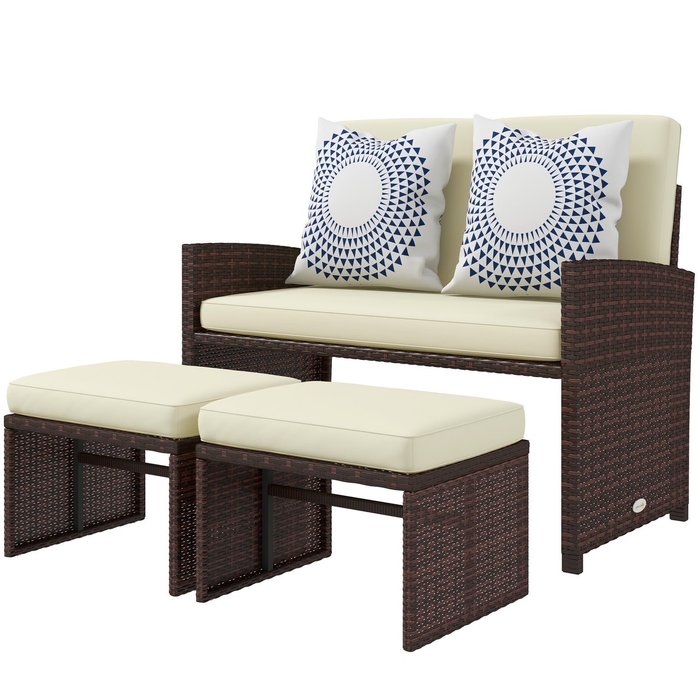 Outsunny 3 Pieces PE Rattan Patio Furniture with Cushions, Outdoor Wicker Conversation Sofa Sets w/ Footstools and Two Pillows, for Poolside, Backyard, Garden, Beige