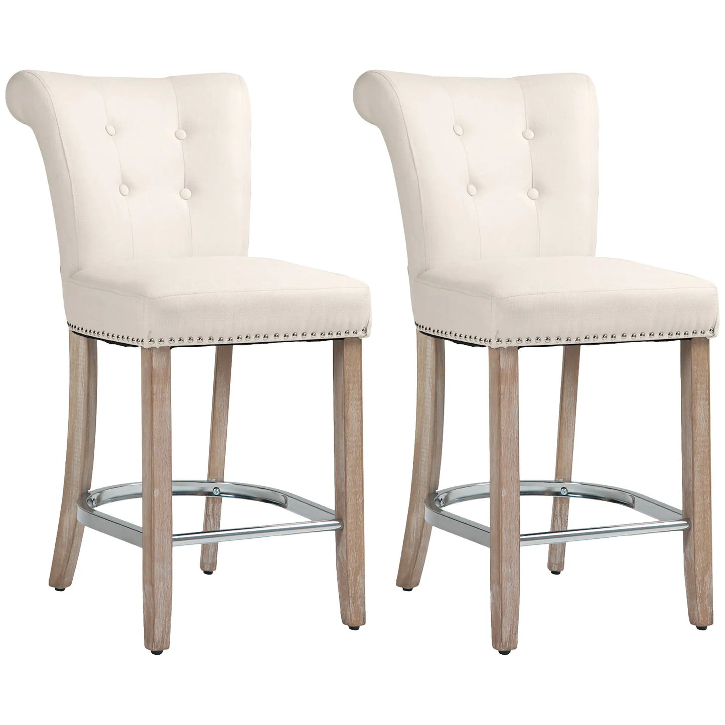 Bar Stools Set of 2, Upholstered Counter Height Stools with Button Tufted Back, Wood Legs and Footrest, in Cream White