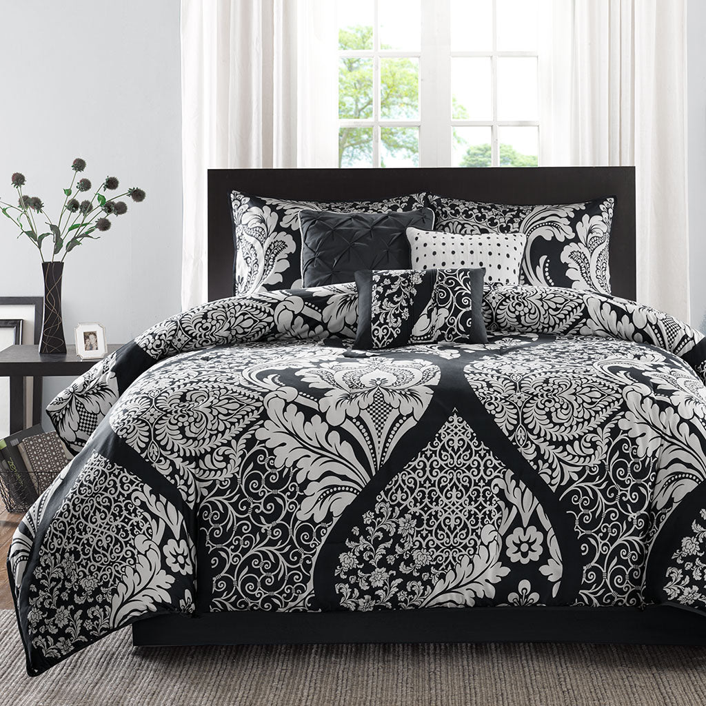 Traditional 7-Piece Cotton Comforter Set, Black in QUEEN