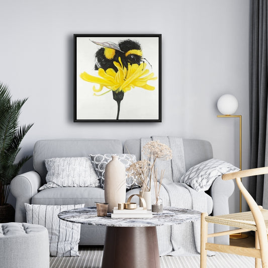 Bumblebee On A Dandelion | Framed Print On Canvas 24" X 24"