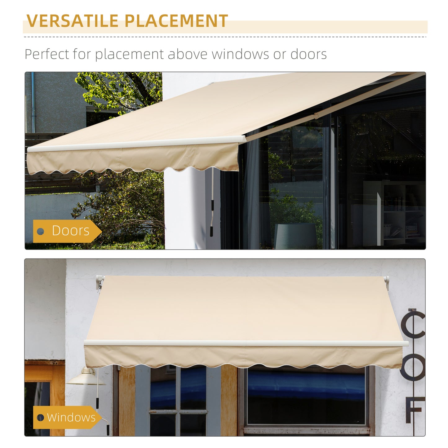 Outsunny 10x8ft Manual Retractable Patio Awning Sun Shade Outdoor Deck Window Door Canopy Shelter w/ PU Coating Aluminum Frame Beige