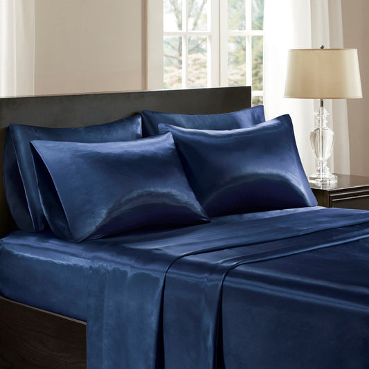 Luxury Satin 6-Piece Sheet Set, Navy Blue