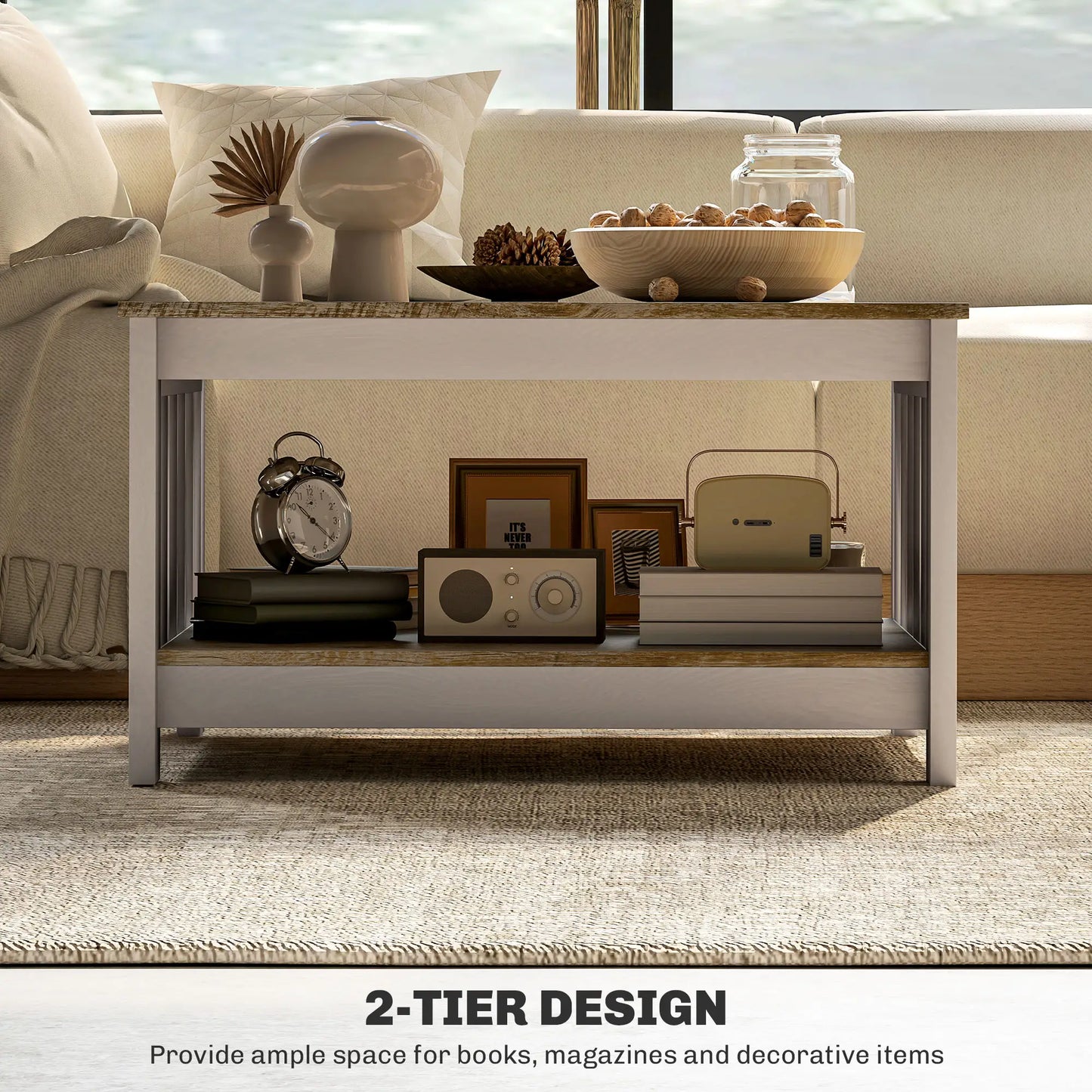 31.5" Square Coffee Table, Farmhouse 2-Tier Center Table Distressed Oak