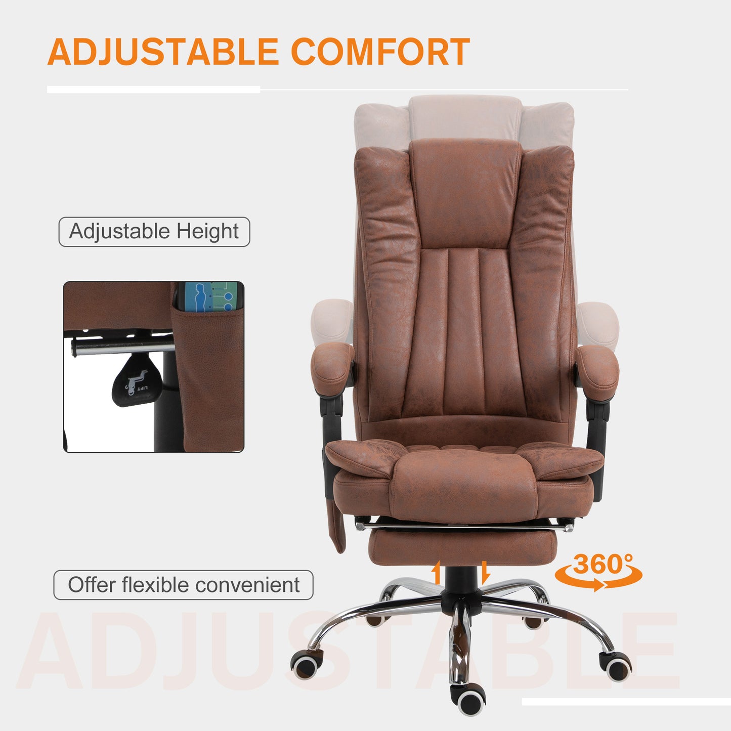 Office Chair 6-point Vibration Massage Chair Micro Fiber Recliner with Retractable Footrest Brown