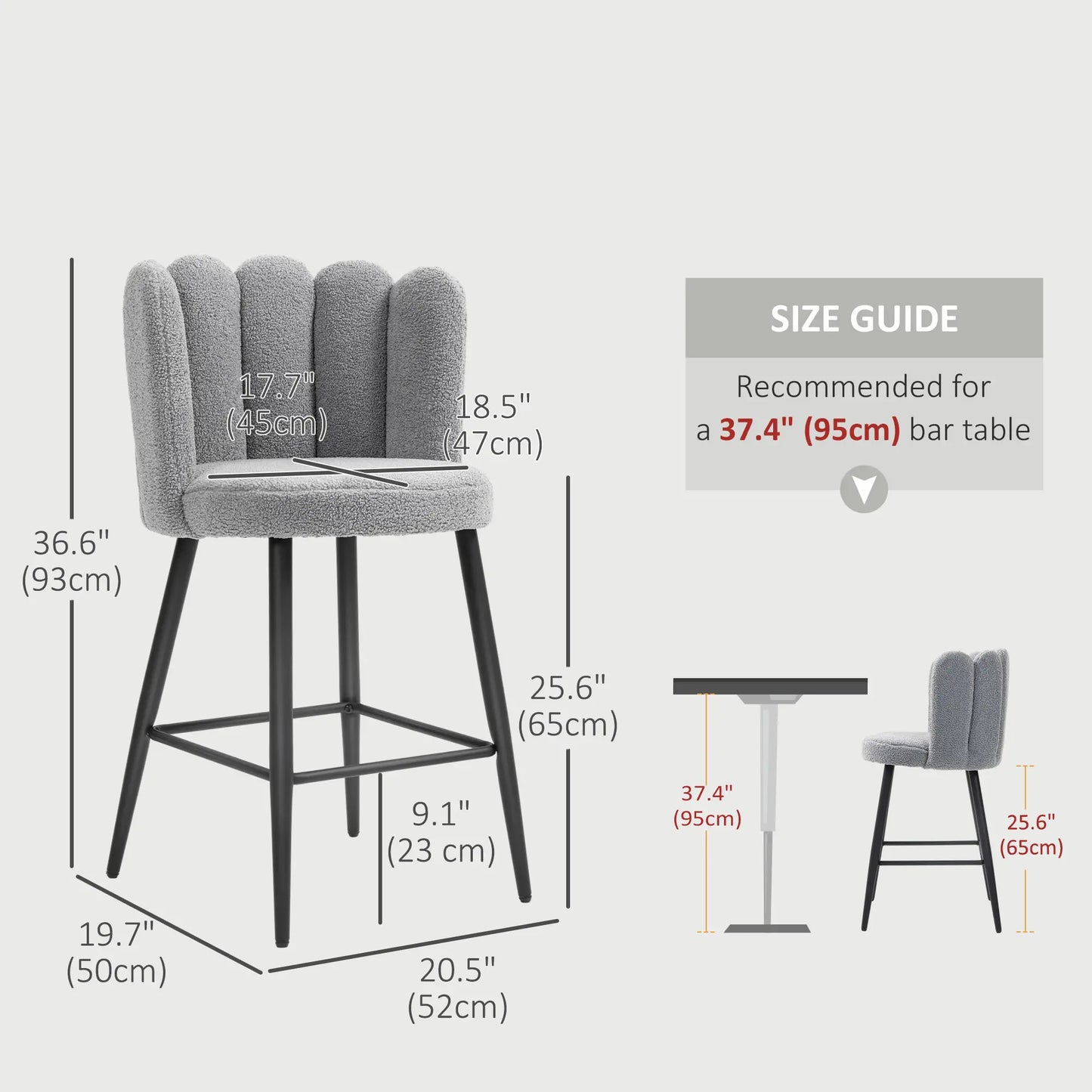 Faux Cashmere Bar Stools Set of 2 Counter Height Bar Stools with Back for Home Kitchen, 20.5"x19.7"x36.6", Grey