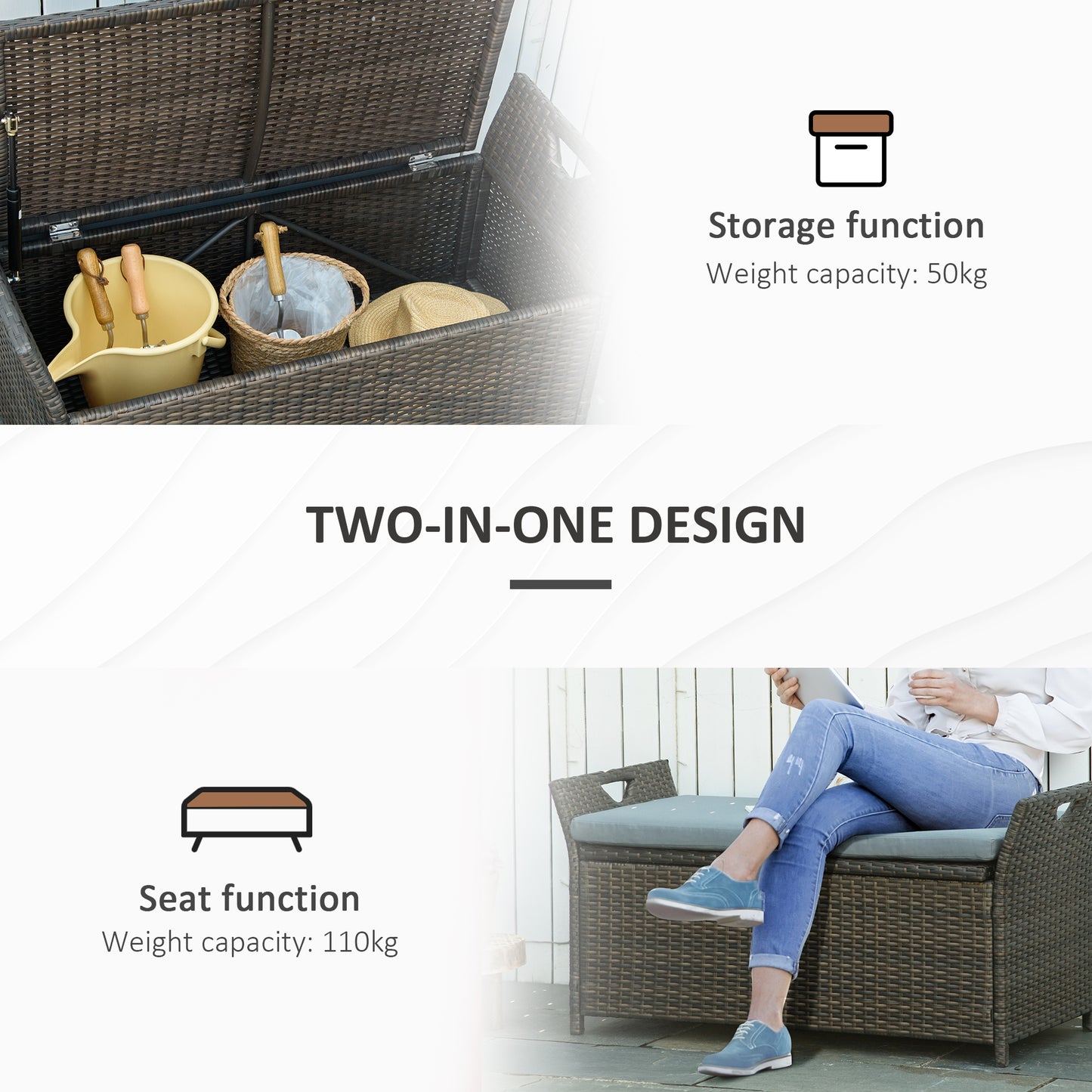 Outsunny 2-In-1 Outdoor PE Rattan Storage Bench, 27 Gallon Patio Wicker Furniture, Basket Box with Handles and Cushion Dark Grey