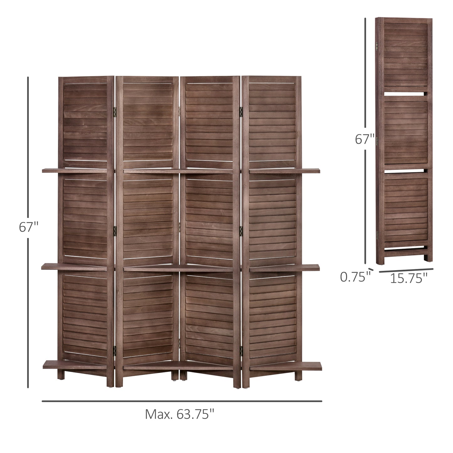 5.6' 4 Panel Room Divider, Folding Wall Divider, Indoor Privacy Screen for Home Office, Walnut Brown