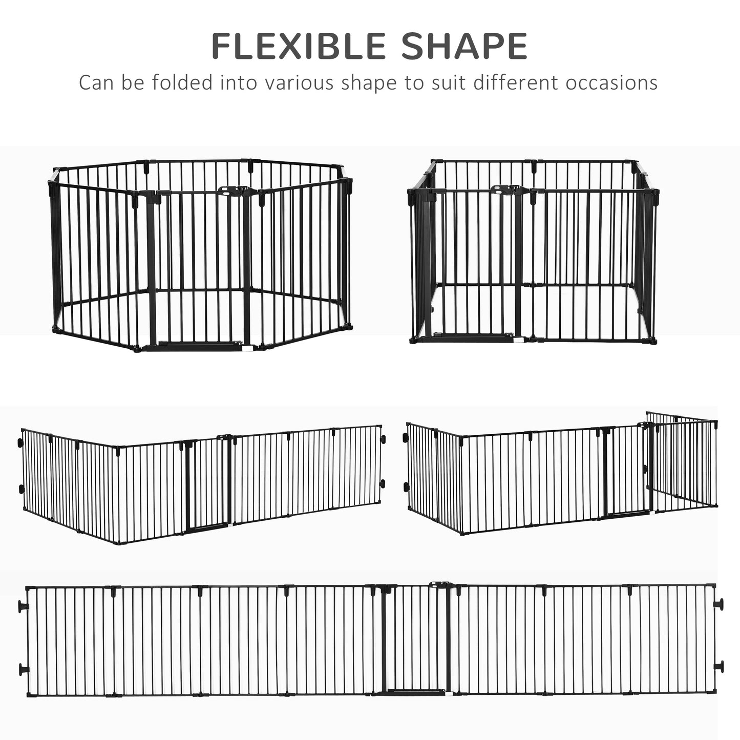 PawHut 30" Pet Safety Gate 8-Panel Playpen Fireplace Christmas Tree Steel Fence Stair Barrier Room Divider with Walk Through Door Automatically Close Lock Black