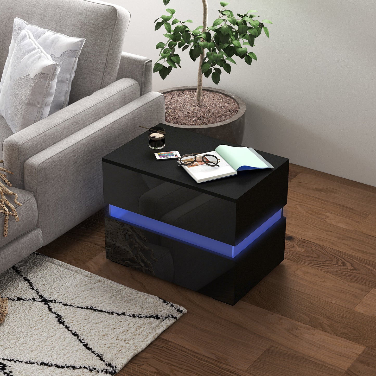 Modern Nightstand, Bedside Table with 2 High Gloss Drawers, USB Powered RGB LED Lights, Remote , Black