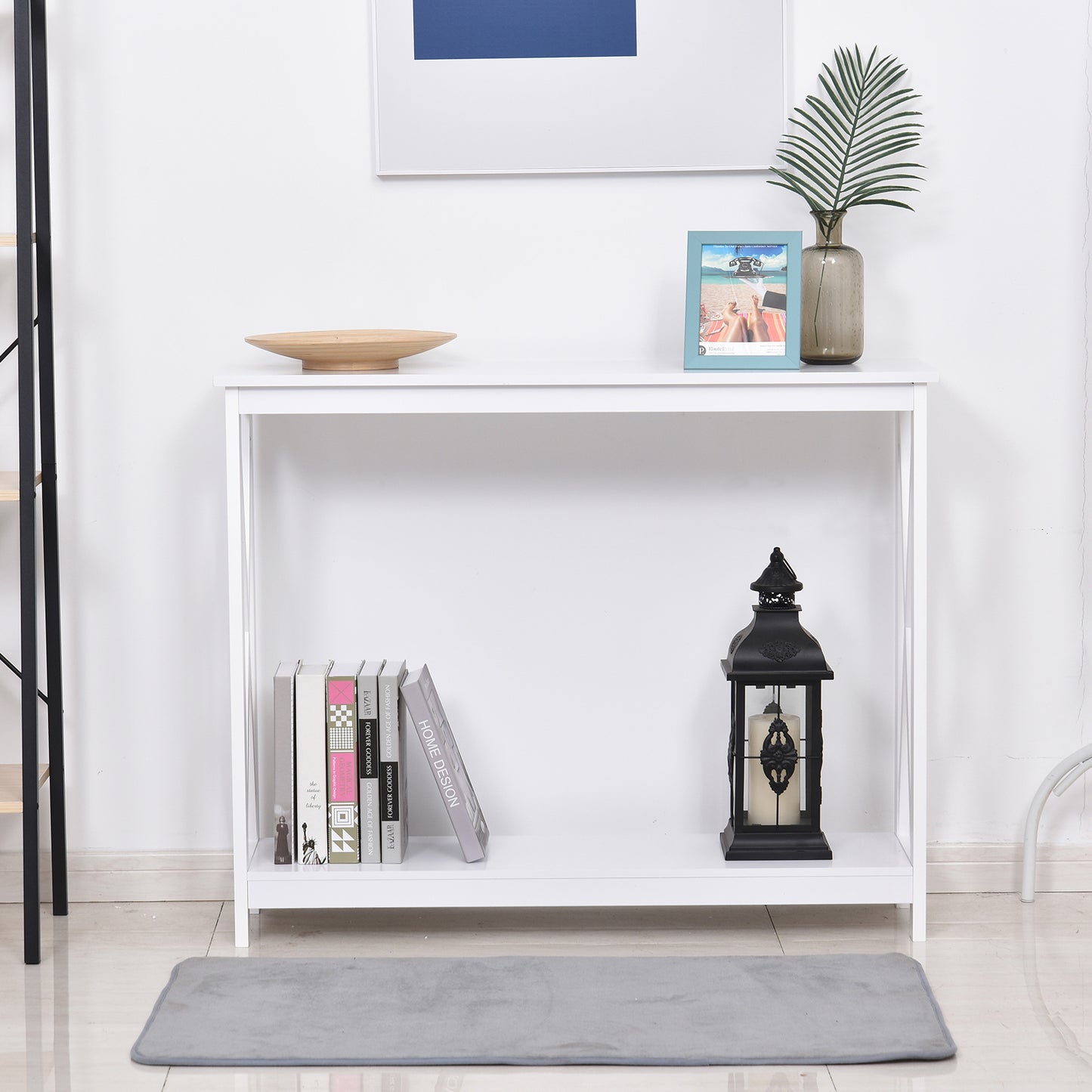 2 Tier X-Design Console Table Sofa Side Table w/Storage Shelf for Living Room Entryway, White