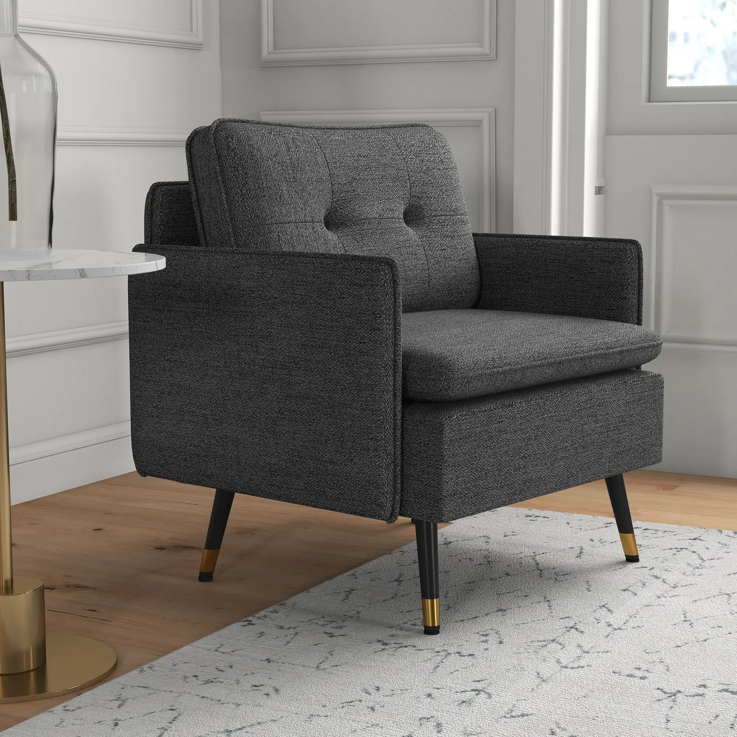 Modern Armchair, Upholstered Accent Chair with Tufted Back Cushion and Steel Legs in Dark Grey