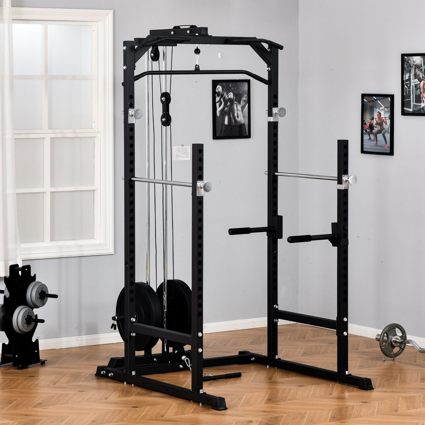 Power Cage, Power Rack with LAT Pulldown Attachment, Pull-up Bar, T Bar Row Landmine and Dip Handle, Strength Training Workout Station, for Home Gym, 800lbs Capacity