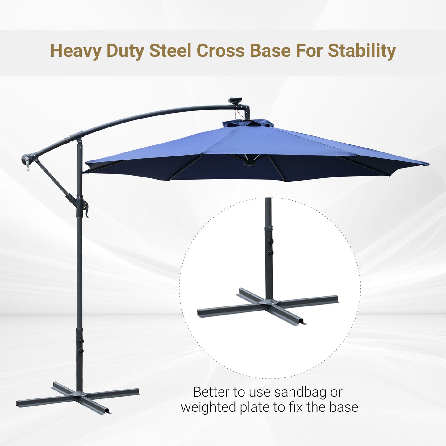 10ft Cantilever Solar Hanging Offset Umbrella Outdoor LED Lights Aluminum Market Banana Parasol Crank w/ Cross Base Garden Sun Shelter Blue