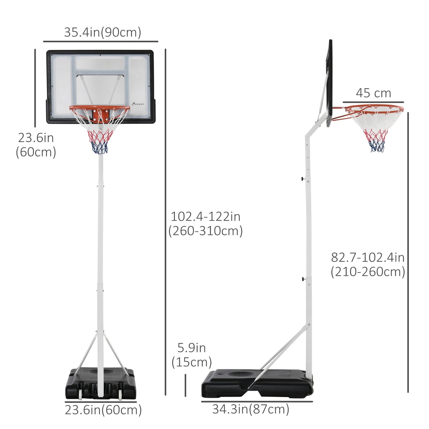 Portable Basketball Hoop, 7ft-8.5ft Height Adjustable Basketball System with Wheels & 35.5" Backboard for Youth Junior