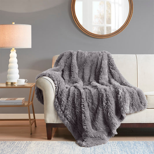 Long Faux Fur Throw 50"x60", Grey