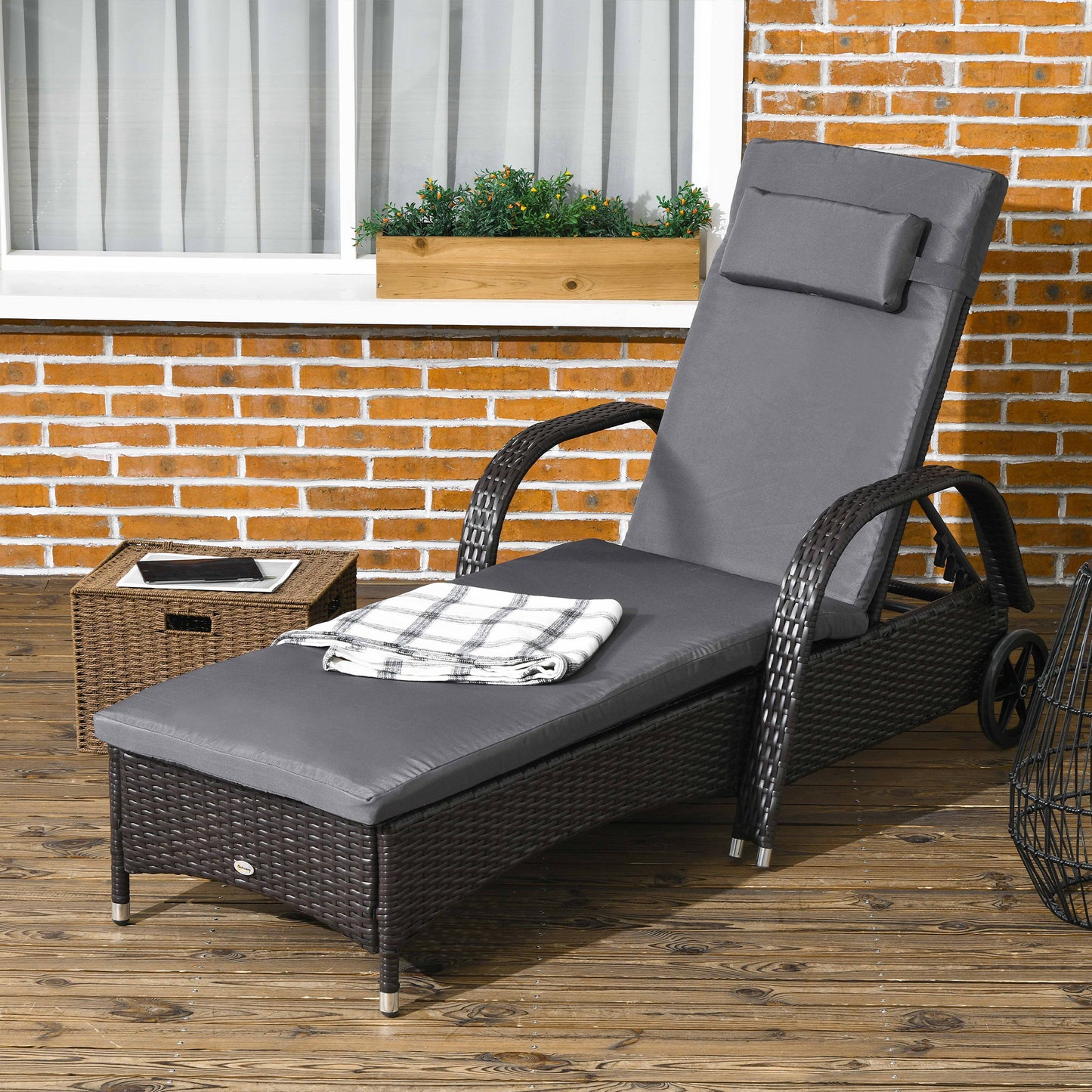 Outdoor Lounger, Deck Lounge Chair with Headrest, 5-Level Adjustable, Backrest, Wheels, Deep Coffee and Grey