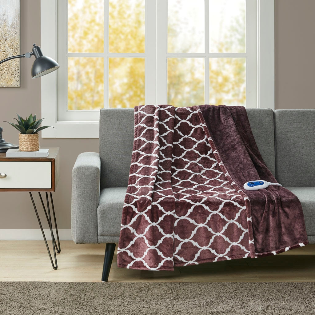 Heated 60x70" Ogee Plush Electric Throw Blanket, Wine