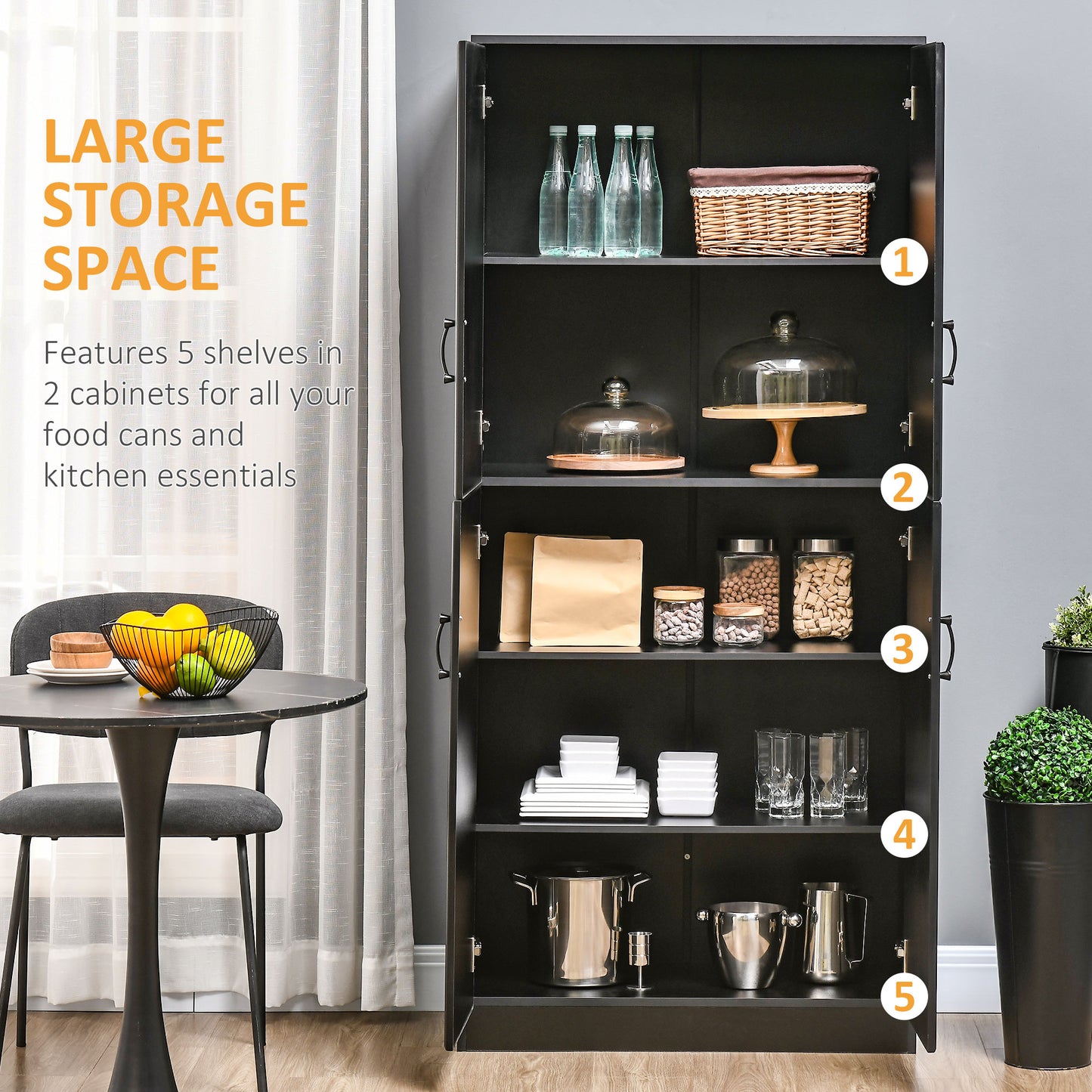 71" Freestanding Kitchen Pantry Cabinet, Storage Cabinet with 4 Hinged Doors and Adjustable Shelves, Black