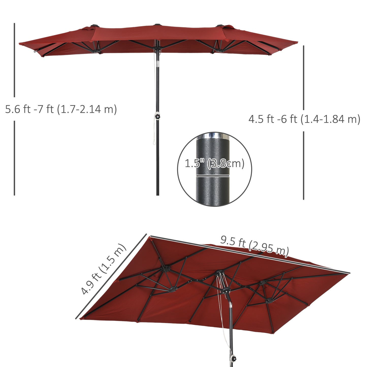 Double-Sided Patio Umbrella Parasol with Tilt, Adjustable Height, Vents and 12 Ribs, for Garden, Deck, Pool, Wine Red