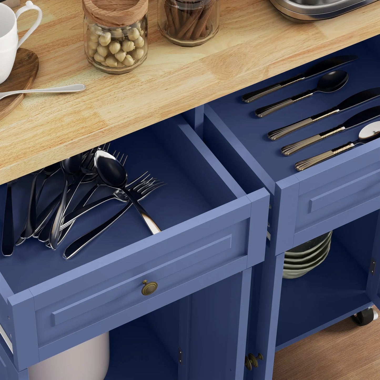 Kitchen Island with Storage, with Rubber Wood Top, Spice Rack, Towel Rack, Navy Blue