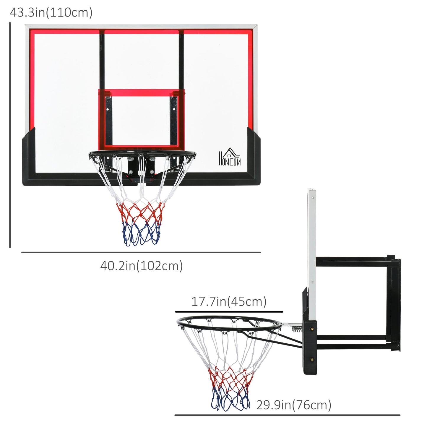 Wall Mounted Basketball Hoop Backboard and Rim Combo, Hoop with 43'' x 30'' Shatter Proof Backboard, Durable Bracket and Net for Indoor and Outdoor