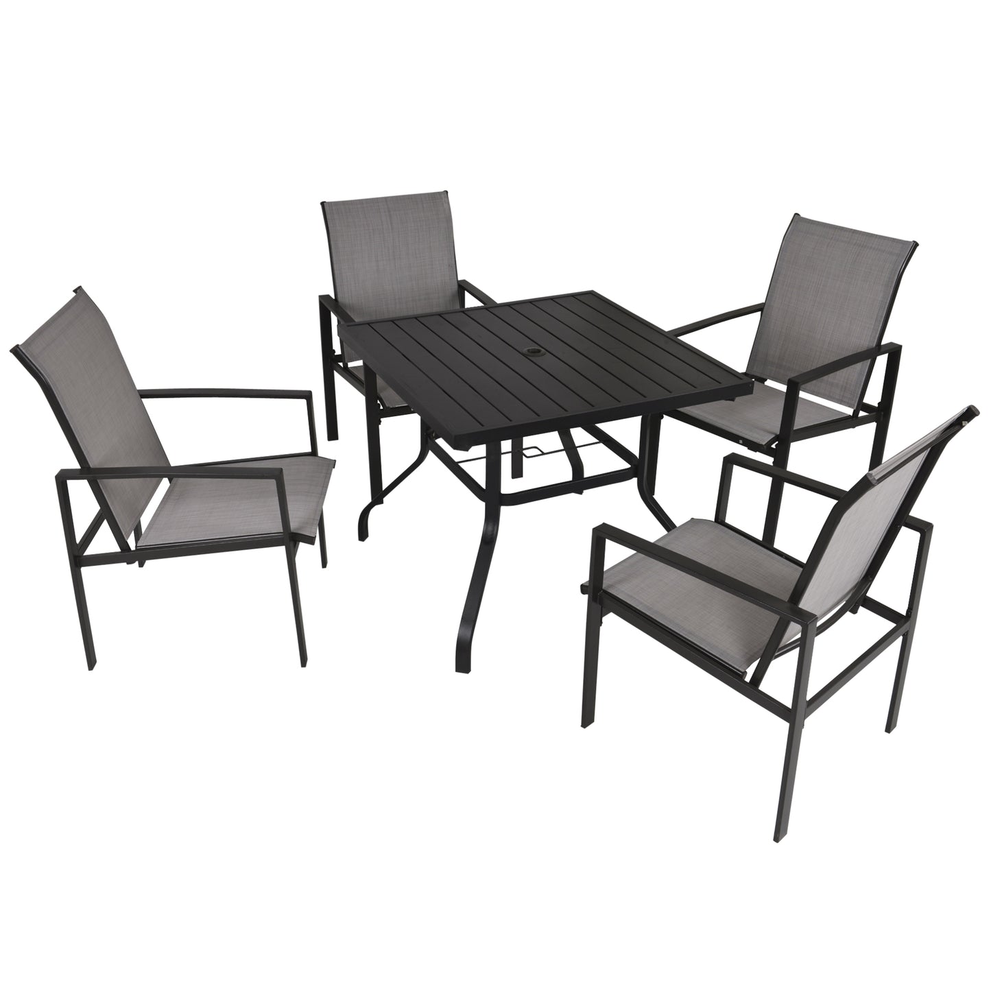 5pc Patio Garden Table Set Outdoor Furniture Dining Set w/ Metal Slat Finish and 1.75" Umbrella Hole for Backyard Porch, Grey