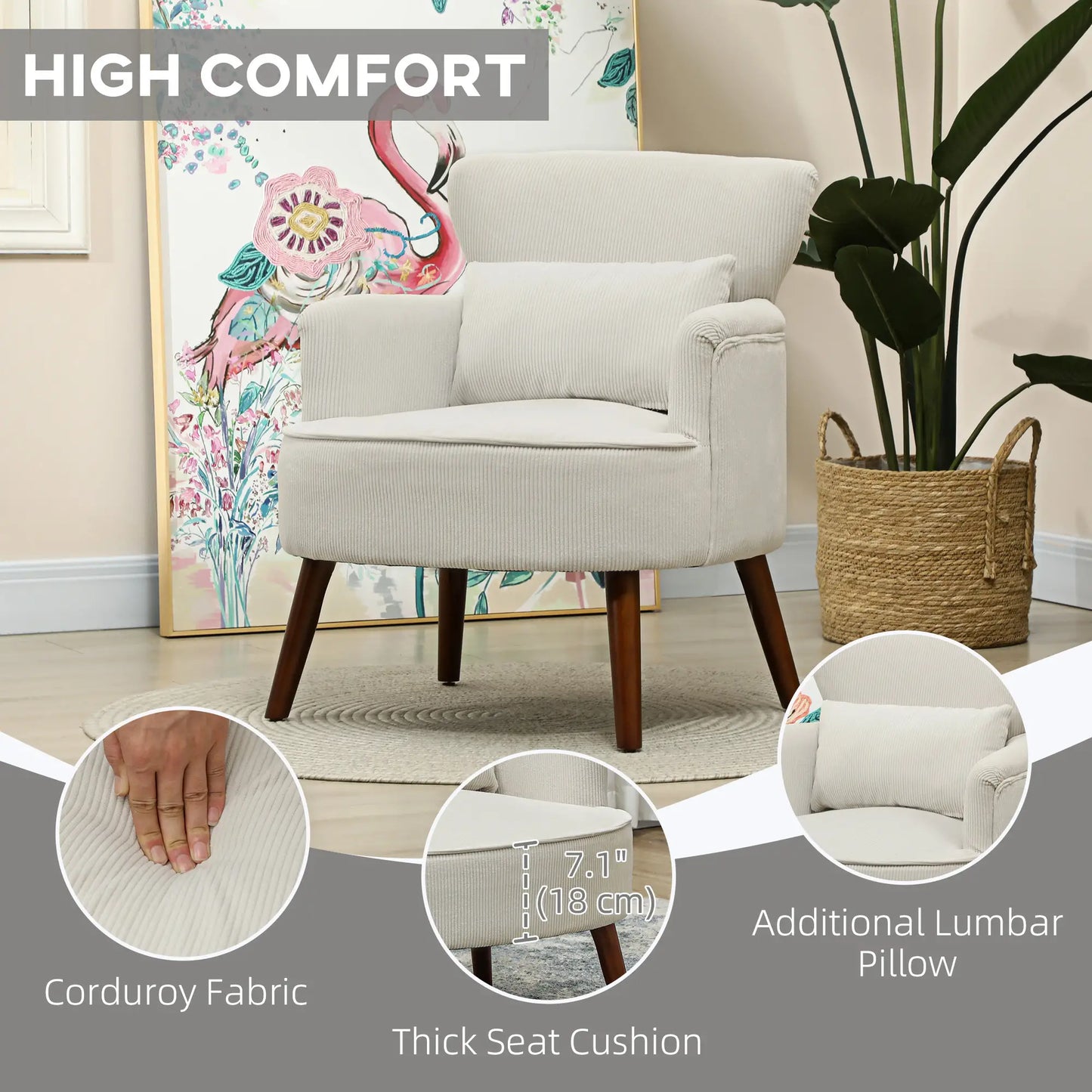 Modern Accent Chair with Solid Wood Legs and Lumbar Pillow for, Cream White