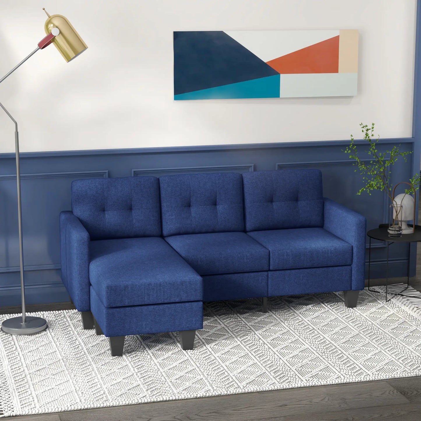 L-shaped Sofa, 3 Seater Sectional Couch with Ottoman with Thick Padded Cushion and Wood Legs, Dark Blue