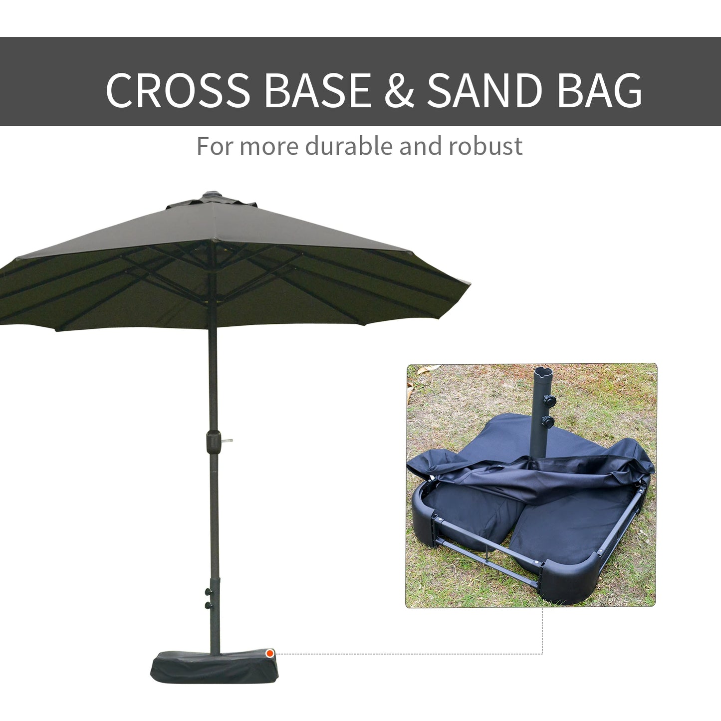 15' Outdoor Patio Umbrella with Twin Canopy Sunshade with Lift Crank, Cross base, Sandbag, Dark Grey