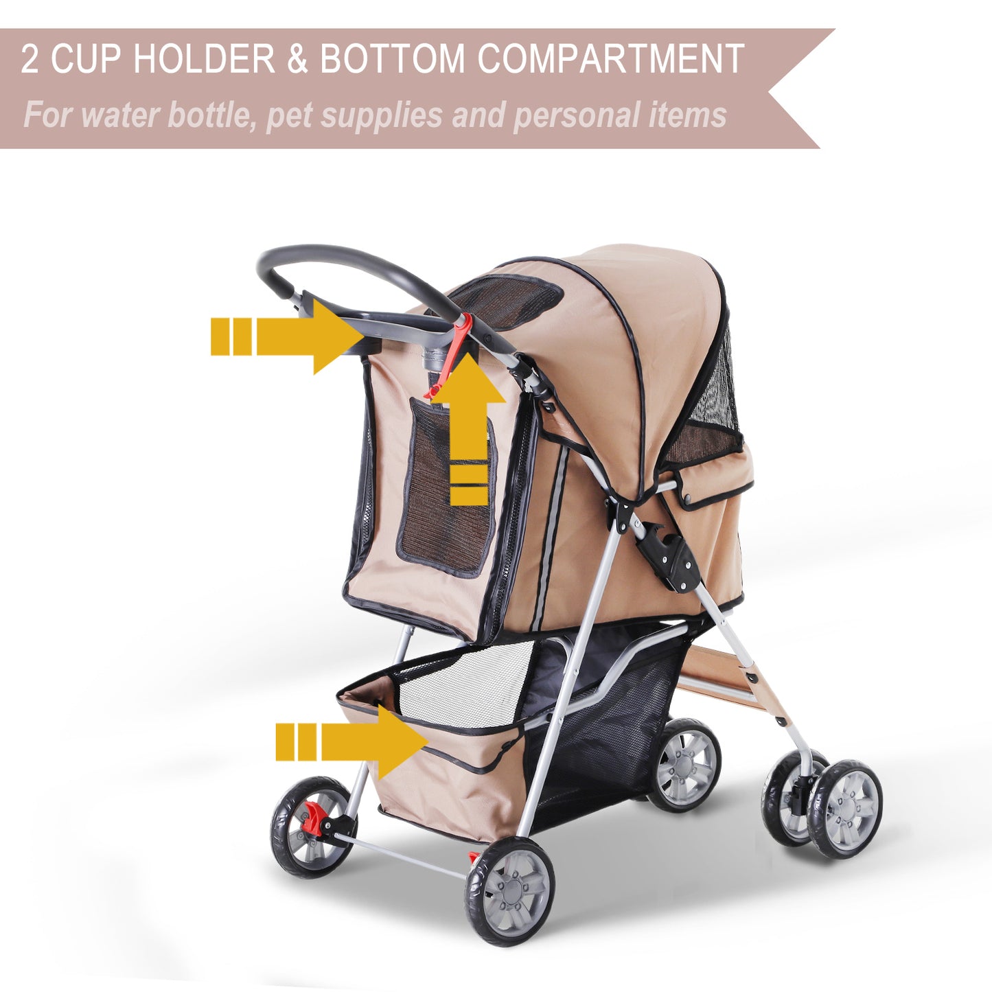 4 Wheel Dog Pet Stroller Dog Cat Carrier Folding Sunshade Canopy with Brake, Brown