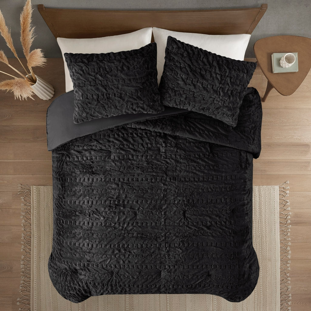 Ruched Faux Fur All-Season Comforter Set, Black