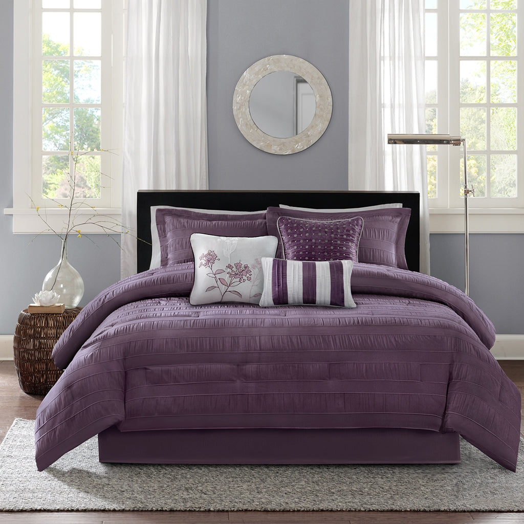 Striped Wrinkle 7-Piece Comforter Set, Plum Purple