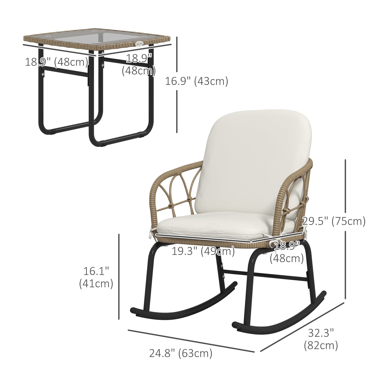 Outsunny 3 Pieces Patio Rocking Chair Patio Set with Cushions, Outdoor Round PE Rattan Wicker Hollow Design Conversation Set with Two Rocker Chairs, Glass Top Coffee Table, Beige