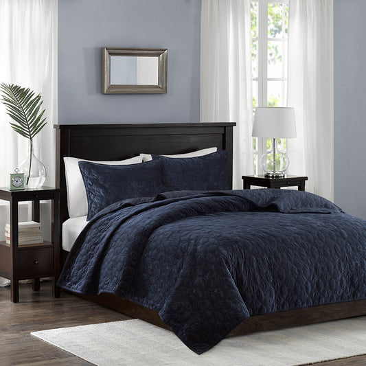 Velvet 3-Piece Quilt Set, Navy Blue