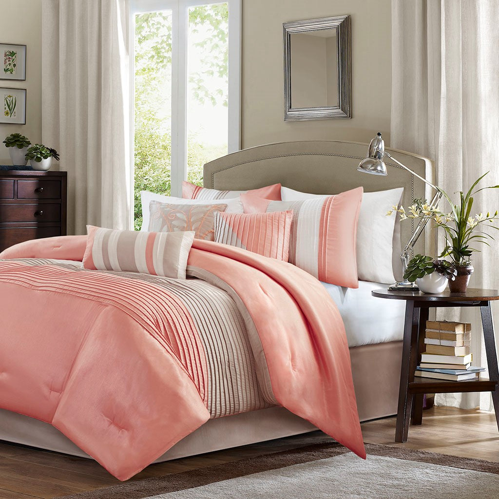 Pintucking 7-Piece Comforter Set, Coral