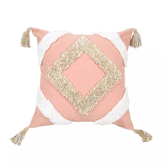 Pure Cotton Boho Moroccan Nordic Bohemian Geometric Tassel Style Tufted Pink Cushion Covers 45x45cm (18 X 18 Inches) Design 15