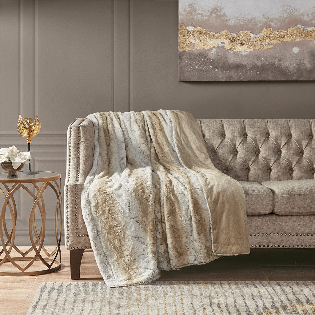 Oversized 60x70" Faux Fur Throw Blanket, Ombre Sand